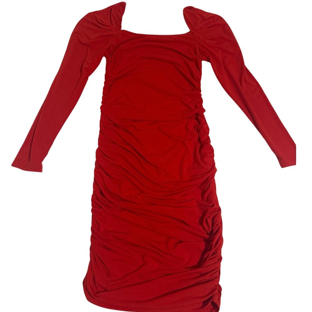 Womens sexy bodycon mini dress squared neck puffy shoulder long sleeves Sz Med